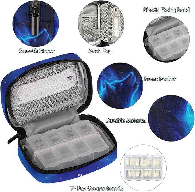 Pill Case Pill Travel Organizer 7 Day Weekly Medicine Pill Box Blue Galaxy Wolf Small Cute Compact Size Vitamin Container Pill Bottle Portable Birth Control Pill Holder Bag with Zipper