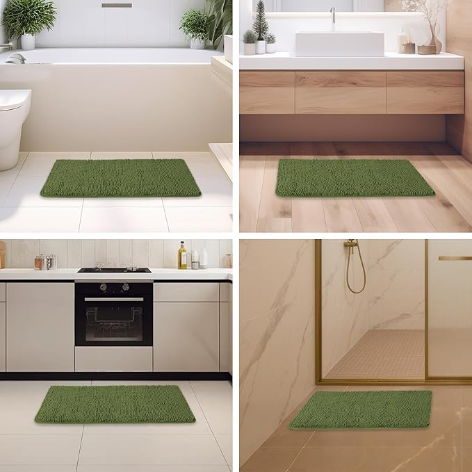 Sage Bathroom Rugs – Absorbent and Washable Bath Mat, Non-Slip, Thick Soft Chenille Bath Rugs for Bathroom Floor, Shower, Sink - 20" x 32"