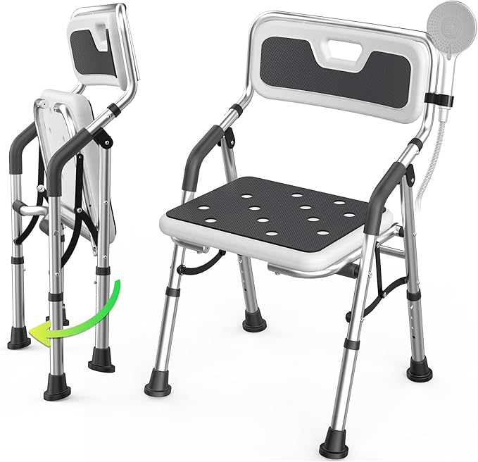Foldable Shower Chair for Inside Shower with Arms and Back, Shower Chair for Elderly and Disabled with Adjustable Height,Folding Bath Chairs for Seniors,Quick-Assembly & Comfortable