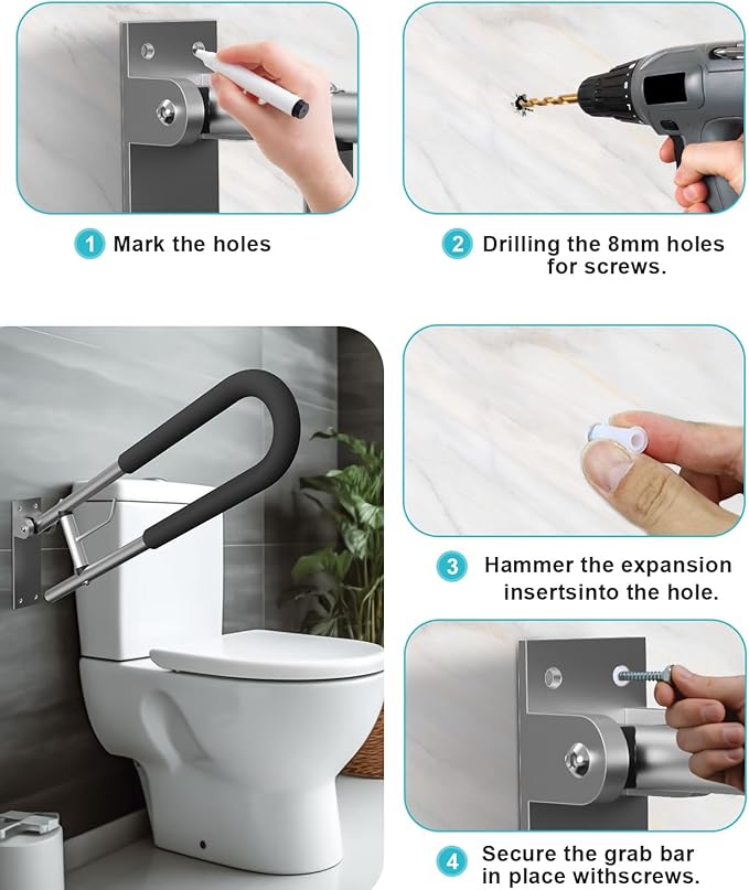 Foldable Toilet Grab Bar, 30 Inch Wall Mounted Flip-Up Safety Rail, 2mm Thick Heavy-Duty Rust-Resistant Aluminum Bathroom Support Bar for Elderly, Disabled, Handicap (30inch)