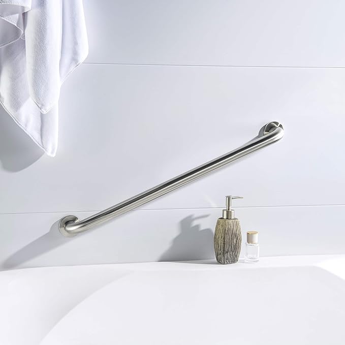 KIBI 24 Inch Curved Grab Bar for Bathroom Safety – Heavy-Duty Stainless Steel Anti-Slip Handrail for Seniors, Shower & Bathtub Assist, Wall Mounted Durable Rust-Resistant Brushed Nickel Finish