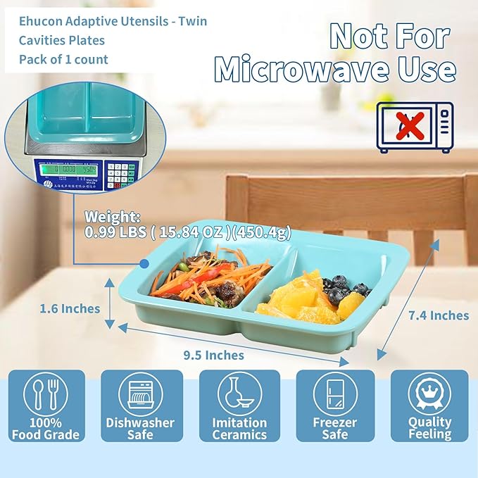 Adaptive Utensils Scoop Weighted Plate,2 Section Divided Spill-proof Plates with Extra Wall for Elderly,Non-slip Disabled Products for Handicapped to Self-feeding-Pack of 1
