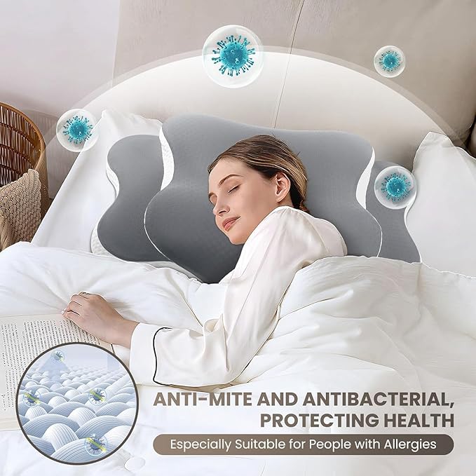 JINXIA Cervical Neck Pillow for Neck and Shoulder, Odorless Memory Foam Pillow with Soft Silk Cover, Ergonomic Orthopedic Neck Support Pillow for Side, Back & Stomach Sleepers - Gray