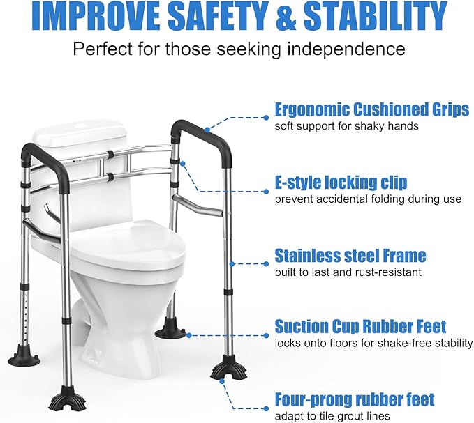 Toilet Safety Rails, Stainless Steel Adjustable Toilet Frame with Soft Handles&Tissue Holder, 380LBS Foldable Detachable Toilet Safety Frame for Elderly, Seniors, Handicap & Disabled