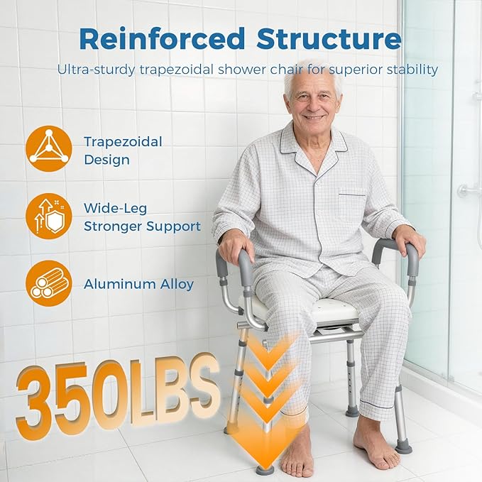 Swivel Shower Chair with Arms, Heavy Duty Shower Seat for Inside Shower Stall & Bathtub, Height Adjustable Safety Bath Seat for Elderly, Handicap, Disabled & Adults