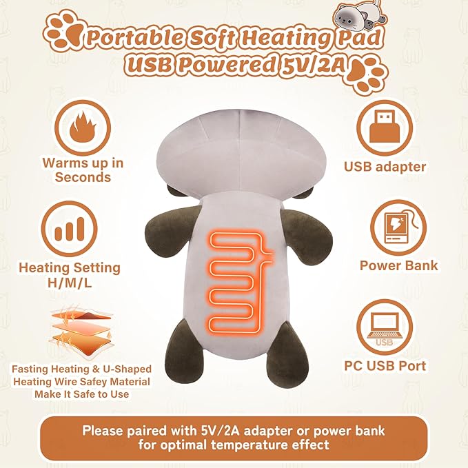 Electric Heating Pad for Period Cramps, 14in Cuddly Siamese Cat Plush with a Hot Soft Belly USB Powered, Menstrual Heating Pad Neck Shoulder Pain Relief, Gift for Daughter Wife Period Heating Pad