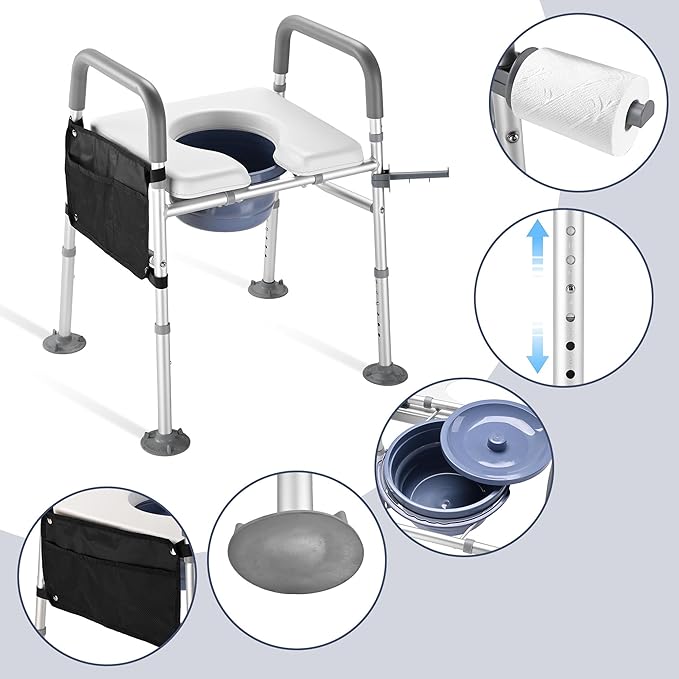 AW Raised Toilet Seat Riser Adjustable Height 16" to 21" Padded Bedside Commode Bedpan with Handles Aluminum 375 Lbs Capacity Fit Any Toilet for Elderly Seniors Disabled Handicapped