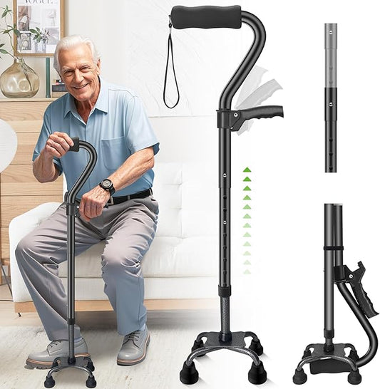 Ciavca Walking Canes for Women & Men, Adjustable Folding Quad Cane, Heavy Duty Walking Sticks Canes for Seniors Balance,Collapsible, Lightweight Self Standing Cane with 2nd Handle and 4-Pronged Base