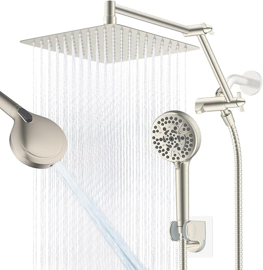 All Metal Rain Shower Head, 10” High Pressure Rainfall Shower Head with Handheld, 5" Large Handheld Showerhead Powerul Wash 10-Spray, 16" Shower Extension Arm Adjustable Height/Angle, Brushed Nickel