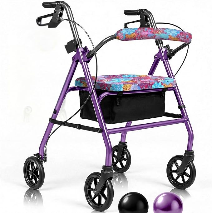 Vive Mobility Steel Rollator Walker with Seat - Foldable, Narrow, Rolling Senior Walker for Small Spaces - 4 Wheel Lightweight Adult Easy Drive with Underseat Storage, Adjustable Height (Black)
