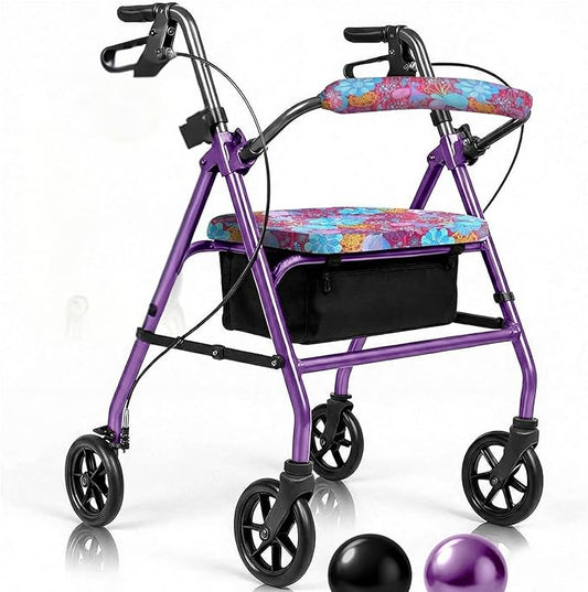 Vive Mobility Steel Rollator Walker with Seat - Foldable, Narrow, Rolling Senior Walker for Small Spaces - 4 Wheel Lightweight Adult Easy Drive with Underseat Storage, Adjustable Height (Black)