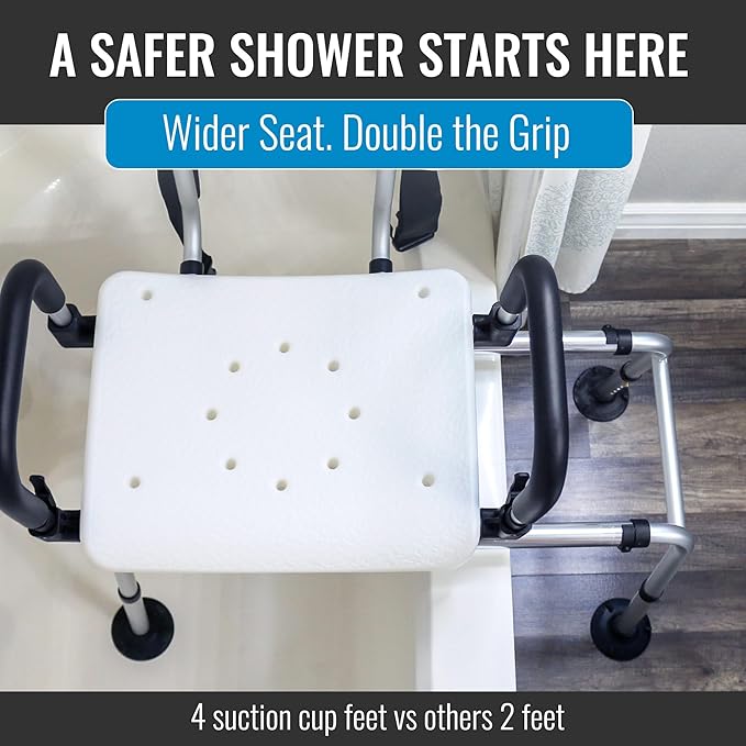 DMI 360 Max Comfort Swivel Shower Chair & Transfer Bench, Extra-Wide 360lb Capacity, Non-Slip & Padded Arms, Bonus Adjustable Back Scrubber