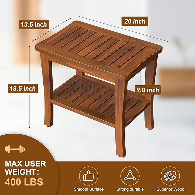 Large Teak Wood Shower Bench Stool with Storage Shelf Wooden Teak Bench for Shower Seat Chair for Inside Shower Waterproof Teakwood Shower Bench Bathroom Spa Bathing Shower Stool with Non-Slip Feet