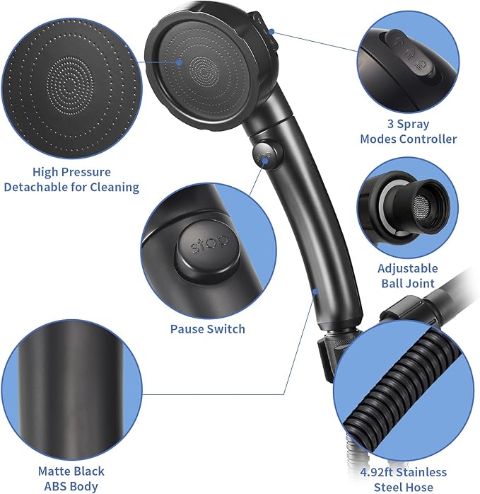 SINGSUO High Pressure Handheld Shower Head with On Off Switch, Detachable Shower Head, 3 Spray Modes Shower Massager Handheld with Hose and Adjustable Angle Bracket (Black)