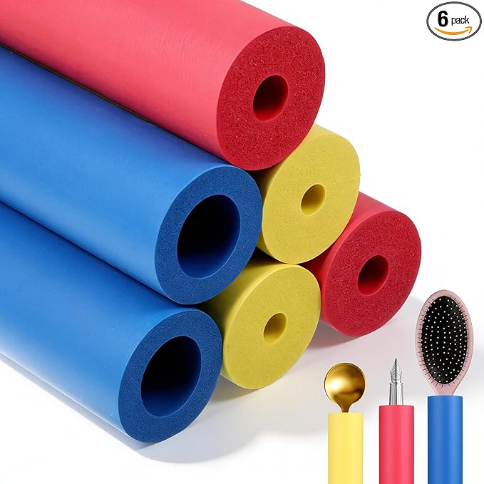 6 Pcs Foam Grip Tubing, Foam Tubing for Utensil for Elderly Disabled 3 Sizes, Yellow, Red, Blue