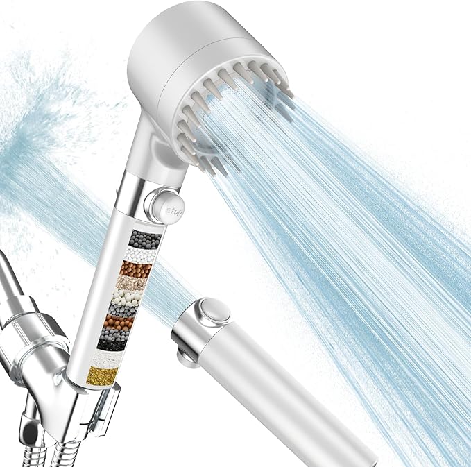 PWERAN Filtered Shower Head with Handheld, High Pressure 3 Spray Mode Showerhead with 18 Stage Water Softener Filters for Hard Water - Handheld Shower Head-Remove Chlorine-White