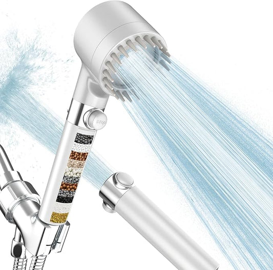 PWERAN Filtered Shower Head with Handheld, High Pressure 3 Spray Mode Showerhead with 18 Stage Water Softener Filters for Hard Water - Handheld Shower Head-Remove Chlorine-White
