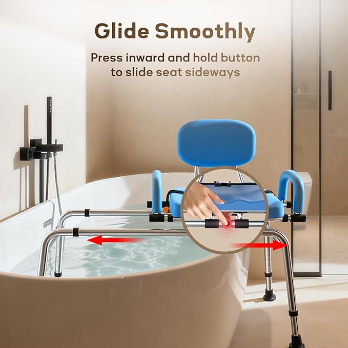 Sliding Shower Chair with Swivel Seat for Tub – 450lbs Bariatric 360° Rotating Bathtub Transfer Bench Inside Shower, Adjustable Height & Width Bath Chairs for Adults Seniors Elderly and Disabled
