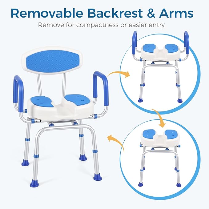 FAHKNS Swivel Senior Bathing Chair with Arms & Back, 400 LBS Heavy Duty U-Shape Seat, Height Adjustable Safety Bath Seat for Tub, Elderly & Disabled
