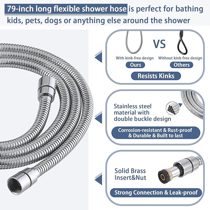Handheld Shower Head with Slide Bar Combo, 27.5-Inch Adjustable Height Slide Bar, High Perssure Handheld Shower Head with 6.6ft Extra Long Hose, Brass Wall Supply Elbow, Chrome