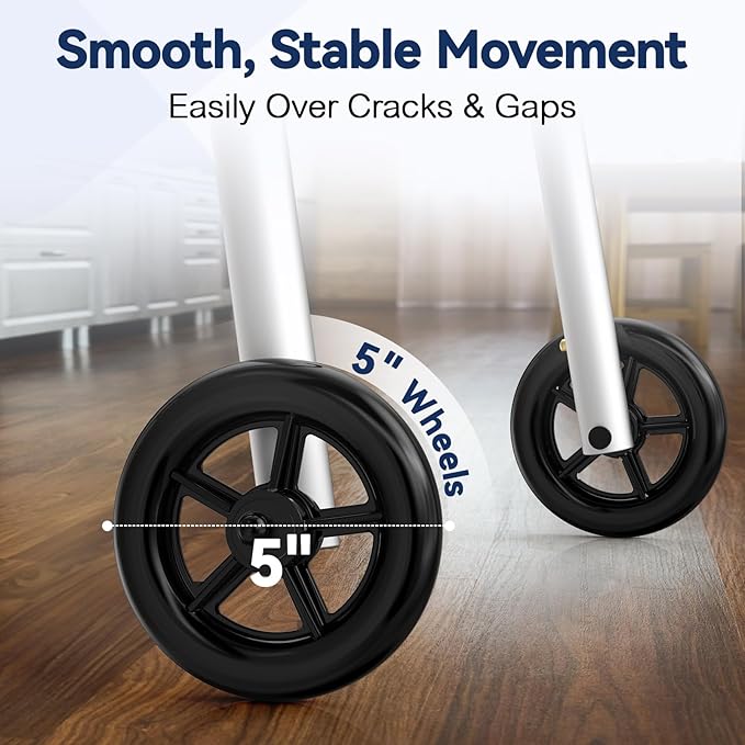 Folding Walkers for Seniors with 2 Skis and 5" Wheels, Lightweight Adult Rolling Walker, Supports Up to 350 Pounds, Adjustable Height, Aluminum Standard Walker, Silver