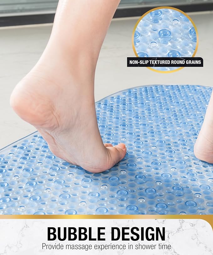 HITSLAM Oval Bathtub Mat Non Slip, 27x15 Inch Bubble Bath Tub Mat for Bathroom, Machine Washable Shower Mat with Suction Cups and Drain Holes, Blue