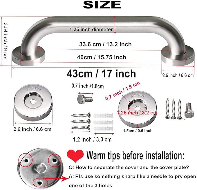 Brushed Nickel Shower Grab Bar 16 Inch - 1 1/4" Diameter, iMomwee 2 Pack Stainless Steel Safety Assist Handle, Wall Mounted Bathroom Mobility Aid Balance Support Hand Rail for Handicap Elderly Senior