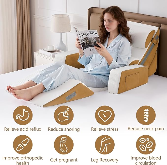 Yojoker 9PCS Orthopedic Bed Wedge Pillow Set for Sleeping, Back and Leg Pain Relief, Post Surgery Foam Pillow for Body, Triangle Adjustable Support Pillow - Acid Reflux Sleeping Pillows Brown