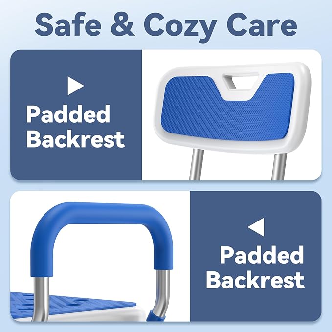 Loyoda FSA/HSA Eligible Shower Chair for Inside Shower with Reinforced Crossing Bar, Heavy Duty Shower Seat 500lbs with Padded Arms and Back, Height Adjustable Shower Chair for Elderly and Disabled