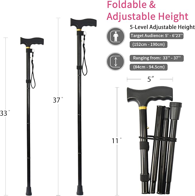 Folding Cane, 5-Level Adjustable Height Lightweight Portable Foldable Walking Canes with Wrist Strap and T Handle for Men Women Seniors