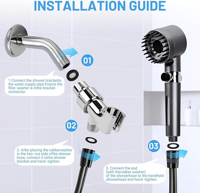 Filtered Shower Head with Handheld, High Pressure Water Flow and 4 Spray Modes, Power Wash for Hard Water, Showerhead Set with 59″ Hose、Bracket、Filters, ON/OFF Switch for Pets Bath (Grey)
