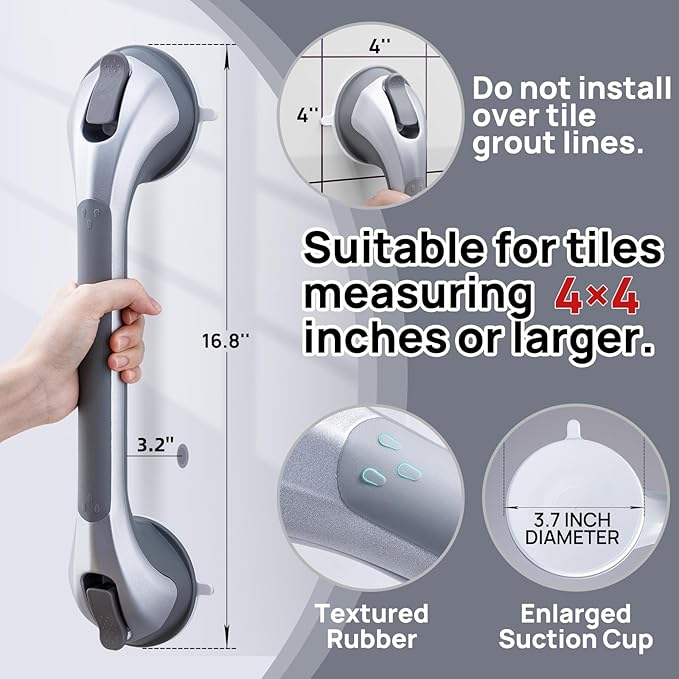 LEVERLOC Grab Bars for Bathtubs and Showers, Shower Handle 17 Inch Strong Suction Bath Handrails, Safety Grip for Bathroom Chair, Bathroom Grab Bar for Senior No Drilling Waterproof,Silver