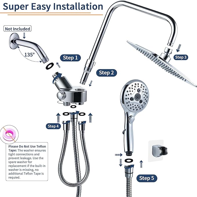 VXV Rainfall Shower Head Combo, 8'' High Pressure Rain Shower Head with 6 Function Handheld Spray, Dual Shower Head Combo with Adjustable Slide Bar, Chrome