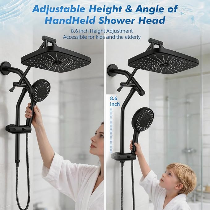 Shower Head with Handheld, 12" High Pressure Rain Shower Heads with Filtered Handheld Spray Combo, Black Showerheads & Hand Held Showers Set with Adjustable Extension Arm for Bathroom