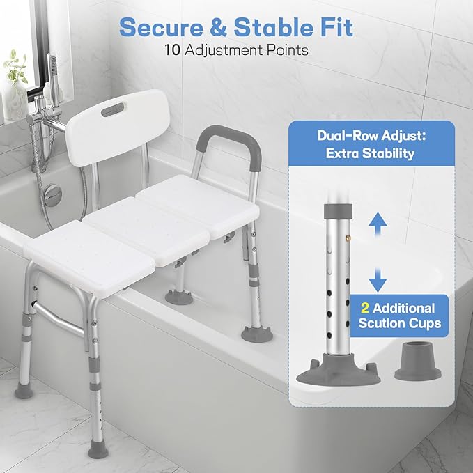 500lb Heavy Duty Shower Bench, Tool-Free Tub Transfer Bench with Arms & Back, Height Adjustable Handicap Shower Seat, Non-Slip Bath Safety Chair for Elderly & Surgery Recovery
