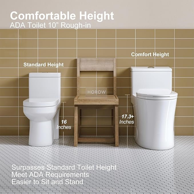 HOROW T0338W One Piece Toilet 10" Rough-in, Elongated Toilet with Comfortable Seat Height, ADA Chair Height 17.3", Dual Flush 0.8/1.28 GPF, Standard White Toilet Bowl, Space Saver Design
