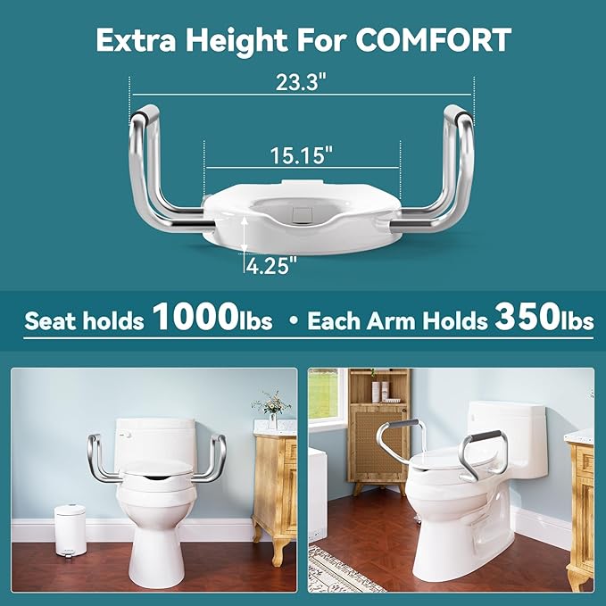 Clirass 3" Raised Toilet Seat with Handles and Bidet - Non-Electric Bidet with Dual Nozzles - Elevated Toilet Risers for Seniors & Limited Mobility - Easy Install & Clean (Elongated with Handles)