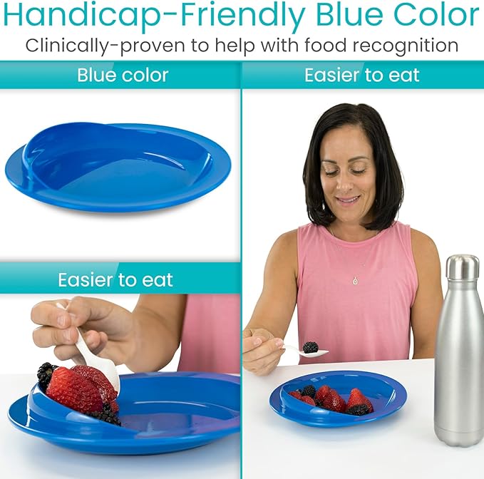 Vive Spill-Proof Scoop Plate, 9" (6 Pack) - Dish with Wall for Disabled, Handicapped, Elderly Adults with Special Needs from Parkinsons, Dementia, Stroke, Tremors with - Non Skid Padded Bottom