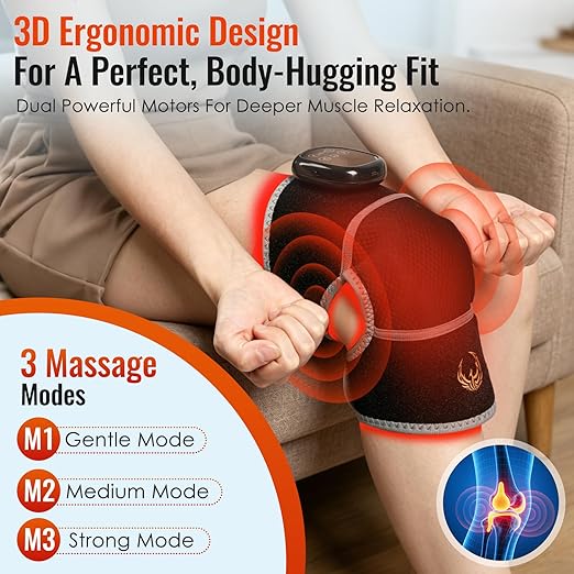 Seenew Red Light Therapy Knee Brace with Vibration Massage, Heated Knee Massager with Rechargeable Controller, 660nm & 850nm Red Light Therapy Heated Device for Knee, Elbow, Shoulder (Black-Grey)