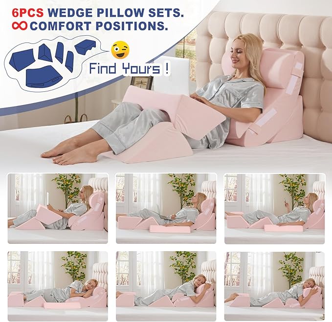 WSOFRLAC 6PCS Multi-Functional Bed Wedge Pillow Kit - 7-in-1 Orthopedic Support for Back/Neck/Legs, Post Surgery Recovery & Sitting Up in Bed, Post Surgery Foam for Body, Pink