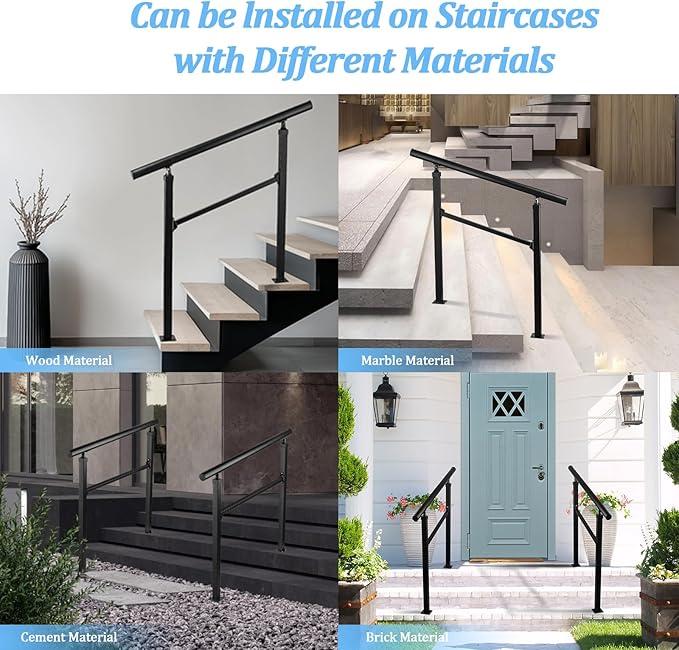 Handrails for Outdoor Stairs,3-4 Step Hand Rails for Outdoor Steps, Reinforced Wrought Iron Railing, Black Exterior Hand Railing for Porch, Deck, or Indoor Stairs