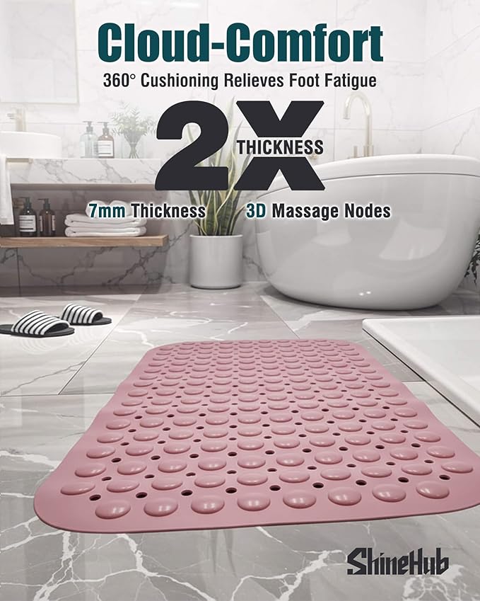 7mm Extra Thick TPE Bath Mat, Non-Slip Shower Mat for Bathroom and Tub, 28x16 Inch with Drainage Holes and Stability Grip, Machine Washable, Dusty Blossom Pink