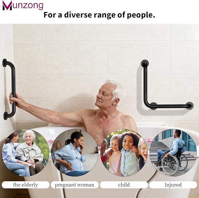 16 Inch L-Shaped Black Bathroom Grab Bars with 20 Inch Straight Munzong Toilet Handicap Grab Rail,Anti Slip Stainless Steel Knurled Safety Handle Support Elderly Injury Senior