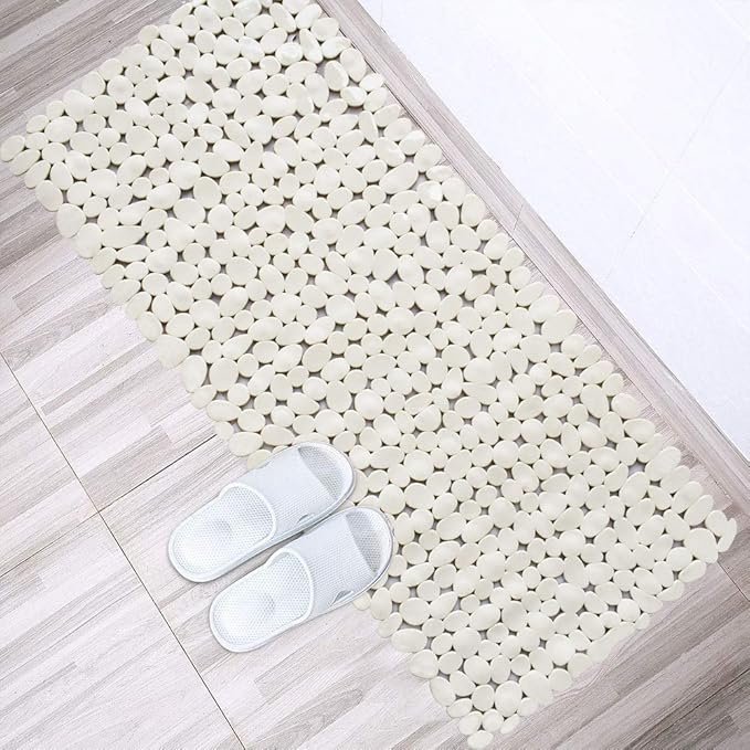 SONGZIMING Bathtub Mat Non Slip Pebble Bath Shower Mat with Drain Holes, Suction Cups Mat for Tub (16" W x 35" L,Beige)
