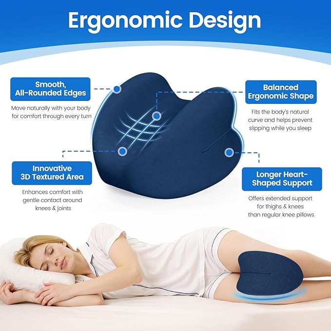 Knee Pillow for Side Sleepers, High-Density Memory Foam Leg Pillow for Side Sleeping, Heart-Shaped Design for Knees, Hips & Spinal Alignment, Blue