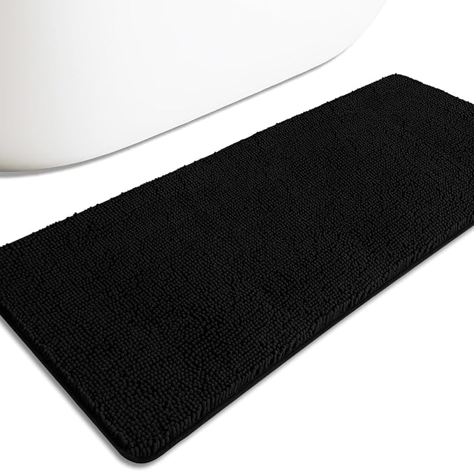 Bathroom Runner Rug 24 x 60 Inch – Extra Large Long Bath Mat | Absorbent and Washable Thick Chenille Bath Rug Non-Slip Runner Rug for Bathroom, Shower, Sink(Black)