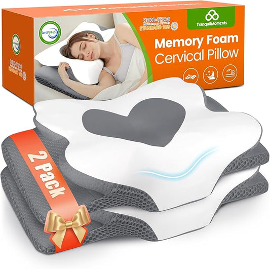 Cervical Neck Pillow for Sleeping, Memory Foam Pillow for Neck Support, Set of 2, Ergonomic Pillow for Pain Relief, Contour Bed Pillow for Side Back Stomach Sleepers, Grey, Queen Size