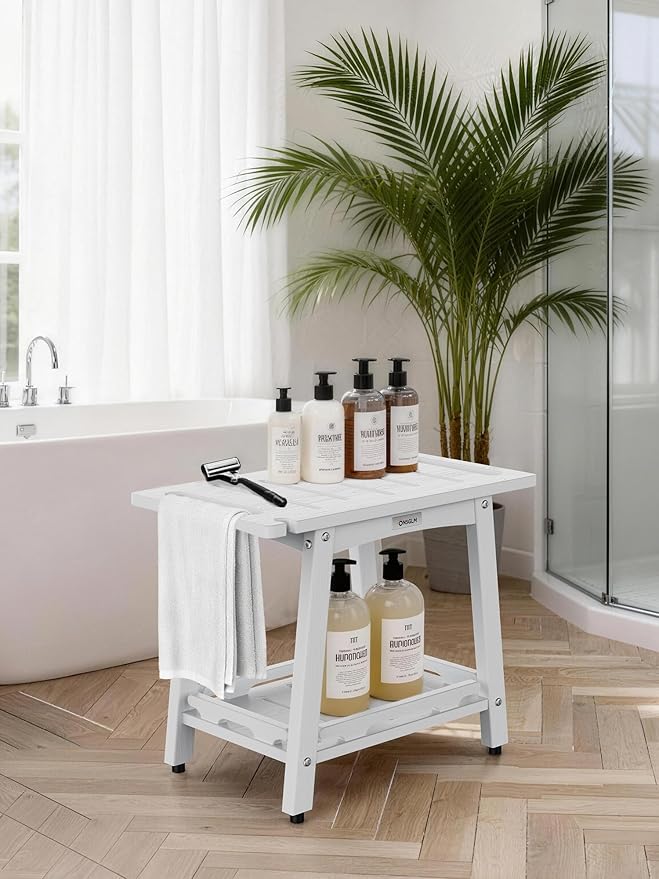 22" Large Shower Bench Seat, Non-Slip Shower Benches for Inside Shower to Sit on, HDPE Waterproof Shower Stool, Shower Chair with Adjustable Feet for Bathroom, Indoor/Outdoor Use, White