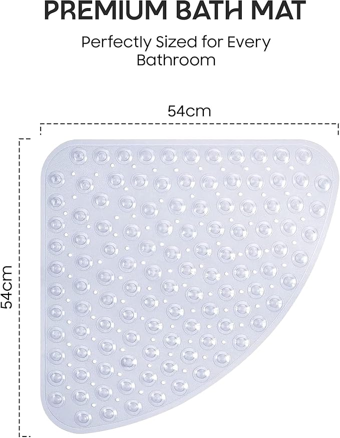ADOV Corner Shower Mat Non Slip, 21x21 inch Curved Shower Mats for Inside Shower, Anti-Slip Bath Mat with Strong Suction Cup, Drain Holes, Machine Washable, Ideal for the Elderly (Clear)
