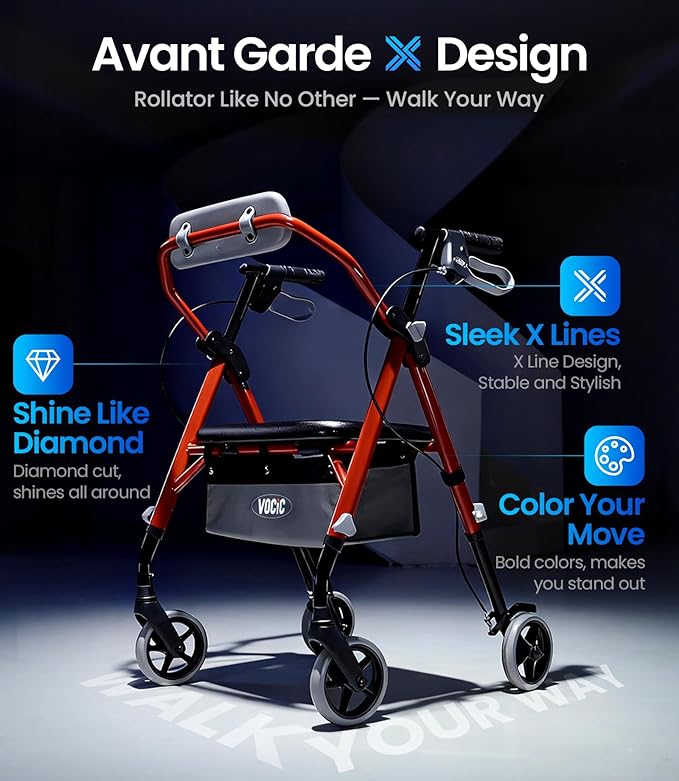 VOVCIC Walkers for Seniors, Z11 Rollator Walker with Seat, Max 380 lbs, Avant Walkers with Ergo Seat & Backrest, Foldable Rollator Adjustable Height, All Terrain Walker, Lightweight